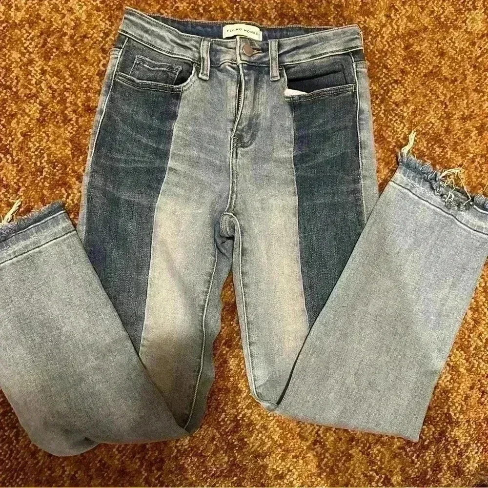 Flying Monkey sz 26 two tone color block jean frayed hem high waist best seller
